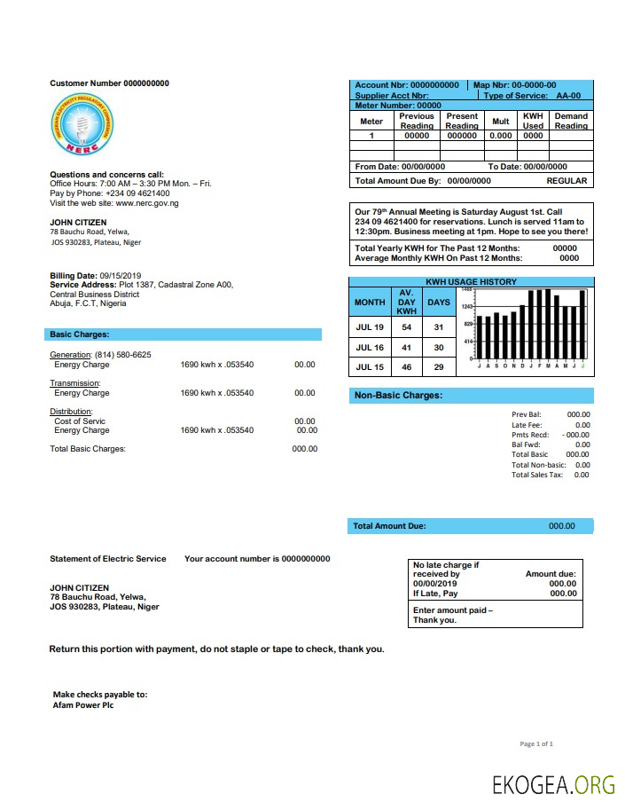 Nigeria Nigerian Electricity Regulatory Commission electricity utility bill template in Word and PDF format